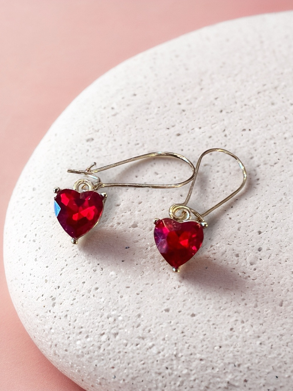Gold Hook Earrings with Glass Faceted Red Hearts